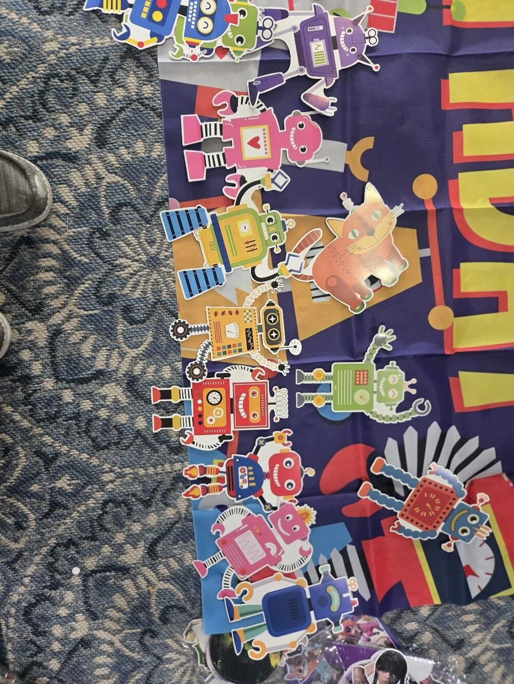 Happy Birthday Robot Banner - Purple and Yellow Party Backdrop